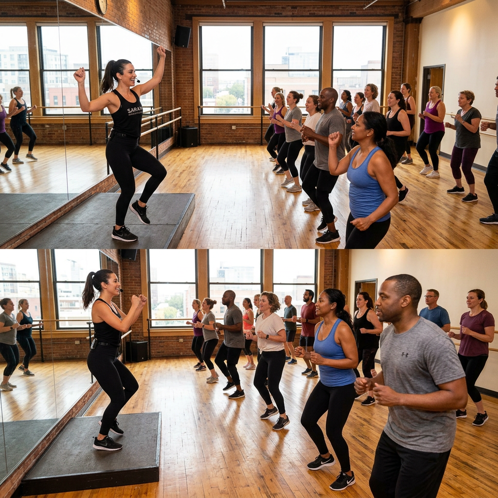 Fitness instructor leading a diverse group of people in an aerobic exercise class indoors